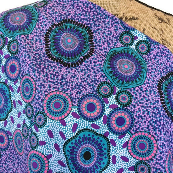 Australian Aboriginal Print Fabric by the Yard. Meeting Places Blue by M&S Textiles. 100% Quilting Cotton for garments, quilts, home décor.