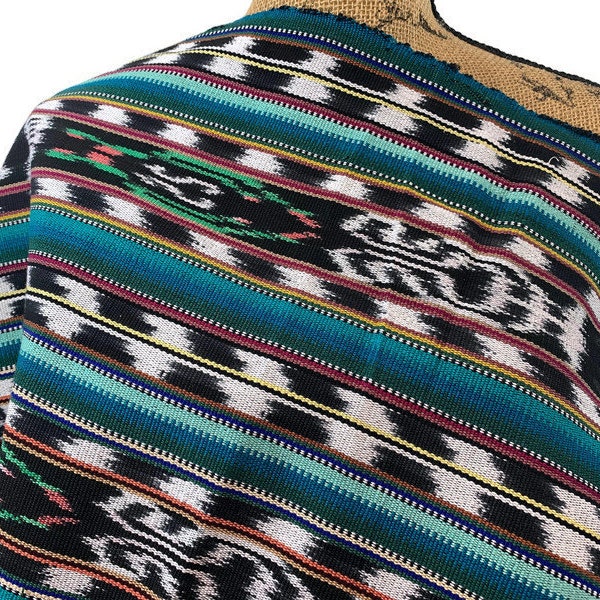 Guatemalan Fabric by the YARD. Handwoven Fair Trade Mayan Heavy Woven Fabric for Home Decor. Tribal Black/White Ikat with Turquoise Stripes.