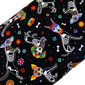Day of the Dead Sugar Skull Dog Breed Fabric by the Yard.  Black Skelton Puppy Dogs in Assorted Colors. 100% Cotton for sewing & quilting.