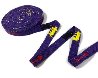 Guatemalan Belt, Purse Strap, Sash by the YARD. Hand Woven 1" Wide 100% Cotton Mayan Toto Belt Textile in Purple/Yellow/Black Cats & Arrows