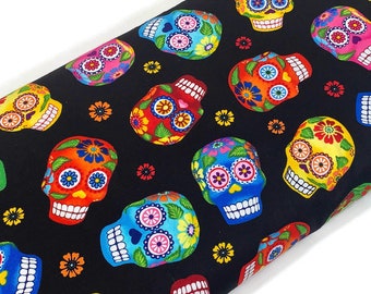 Day of the Dead Sugar Skull Fabric, Colorful Mexican Print Cotton