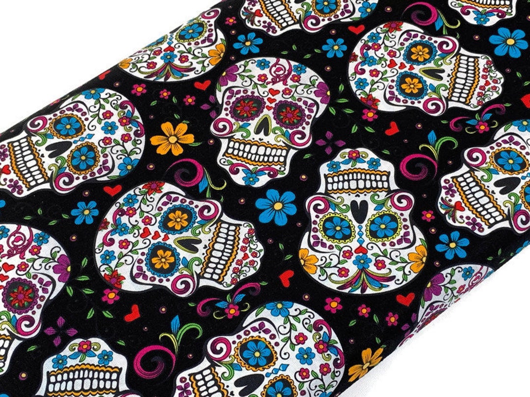 Day of the Dead Sugar Skull Fabric Black With Assorted Colors. Mexican ...