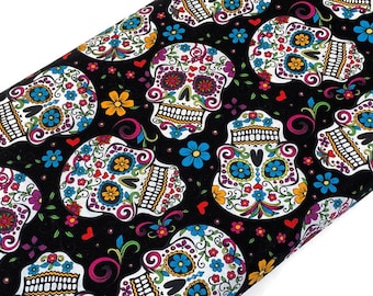 Day of the Dead Sugar Skull Fabric Black with Assorted Colors. Mexican Fiesta Fabric Sold by the YARD. 100% Cotton for sewing/apparel/décor.