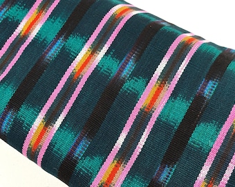 Dark Teal Green and Pink Ikat Guatemalan Fabric by Yard, Handwoven Cotton , 36" Wide.