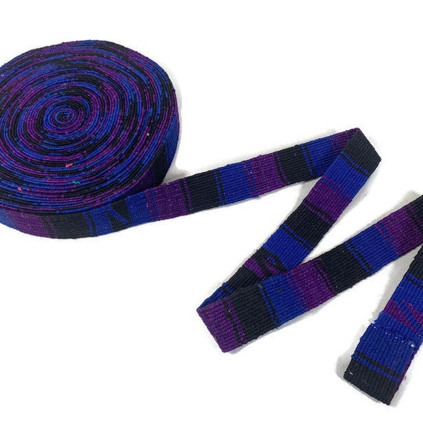 Hand Woven 1.25 Inch Wide Guatemalan Belt, Purse Strap, Sash Sold by the YARD. Cotton Mayan Toto Belt Textile in Purple, Royal Blue, Black.