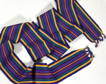 Guatemalan Mayan Handwoven Fabric Sash with Tassels. Dark Blue Rainbow. 3 inch x 82 inch.