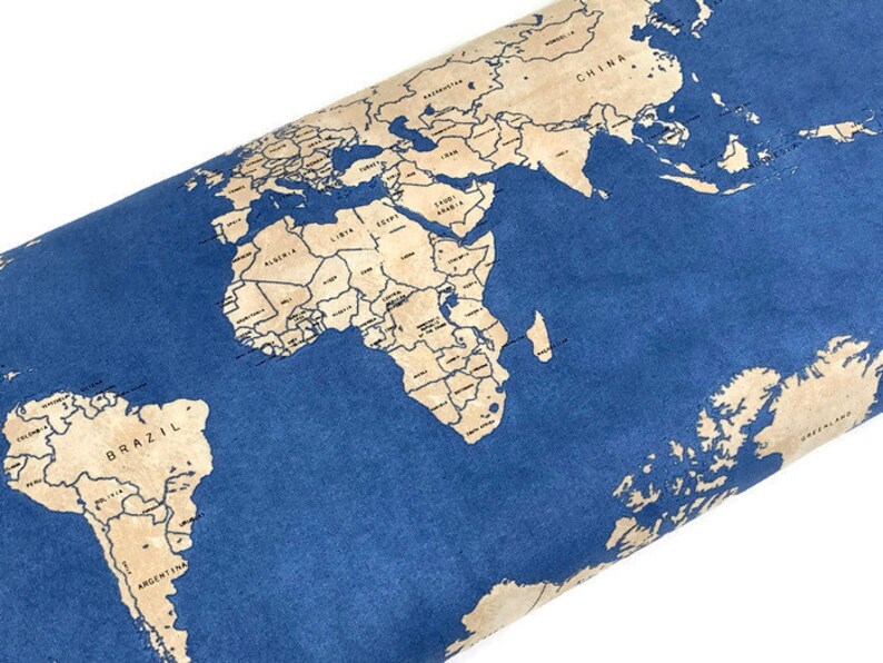 World Map Fabric by the Yard. Passport Map by Windham Fabrics. Etsy