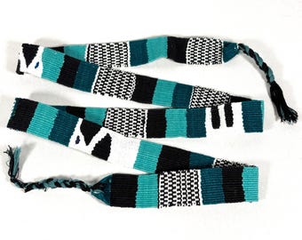 Guatemalan Handwoven Belt, Teal/Green/Black/White with Braided Tassels. 1.25  inch x 48 inch Cotton Mayan Toto Sash.