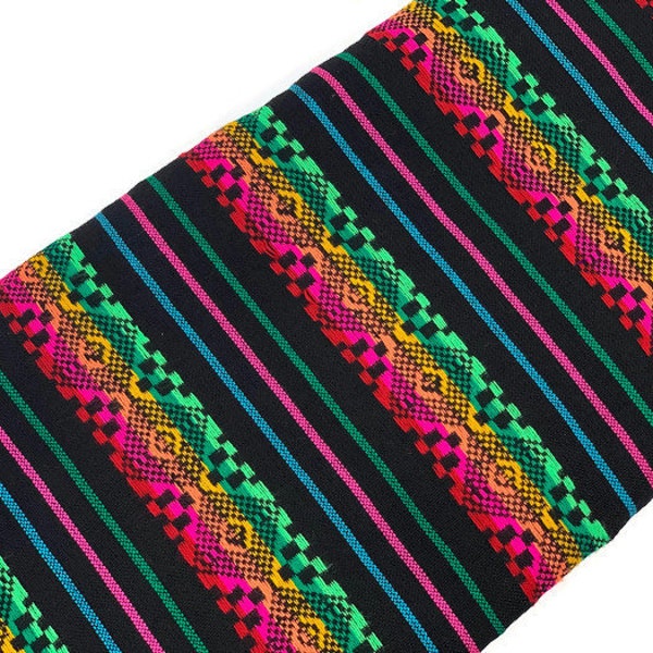 Mexican Cambaya Fabric in Black with Rainbow Diamond Embroidery Stripes. Mexican Woven Fabric by the YARD. Acrylic Fabric 30 inches wide.