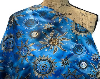 Royal Blue & Metallic Gold Sun Moon Stars Celestial Print Batik by the YARD. Indian Hand Dyed 100% Cotton Fabric for Sewing, Apparel, Décor.