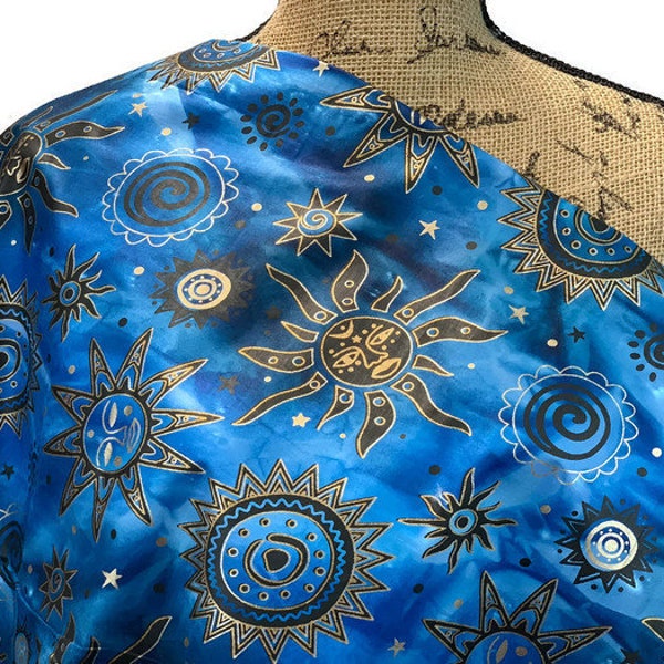 Royal Blue & Metallic Gold Sun Moon Stars Celestial Print Batik by the YARD. Indian Hand Dyed 100% Cotton Fabric for Sewing, Apparel, Décor.