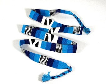 Guatemalan Handwoven Belt, Navy Blue/Turquoise/Black/White with Braided Tassels. 1.25  inch x 48 inch Cotton Mayan Toto Sash.