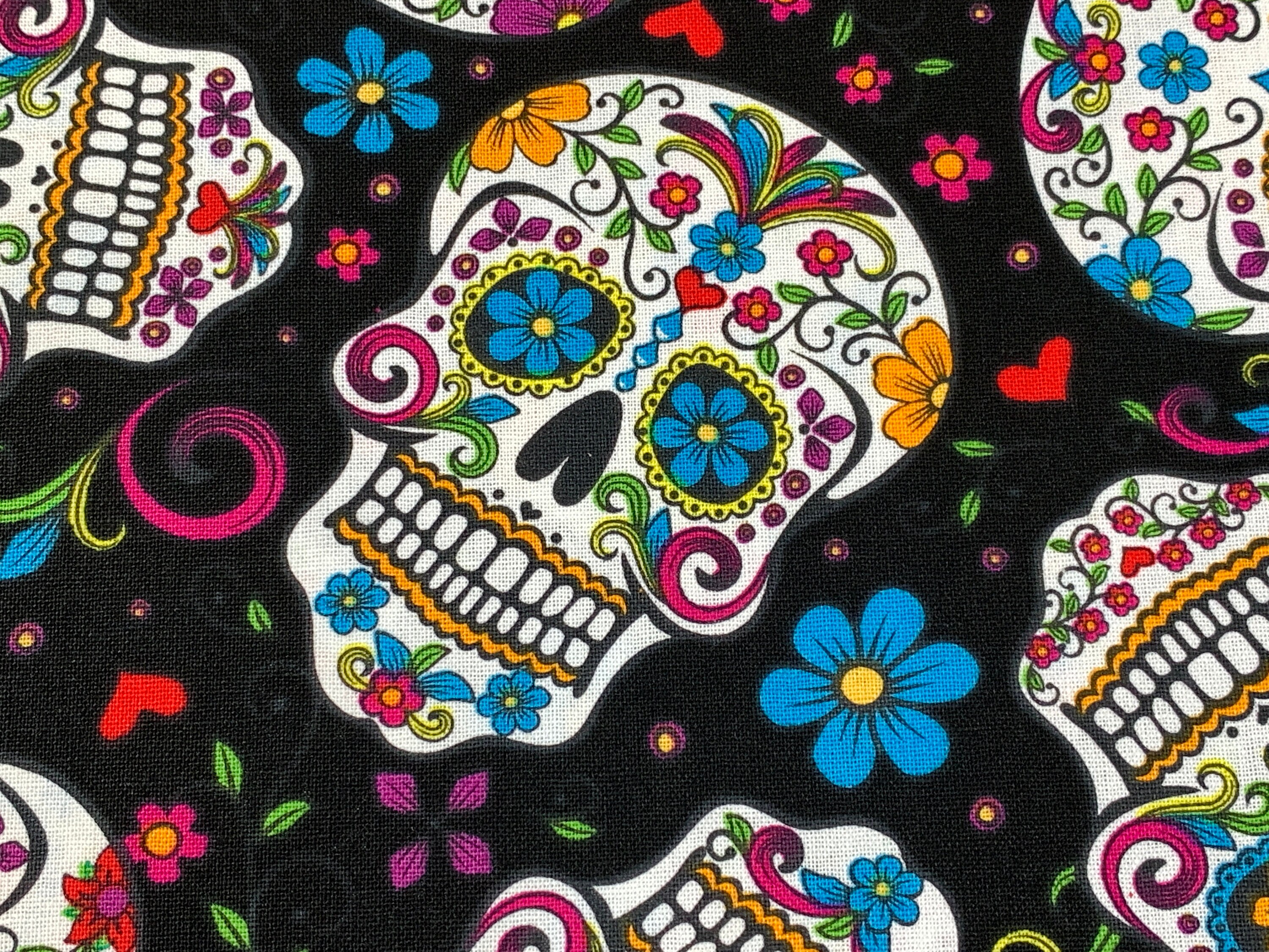 Day of the Dead Sugar Skull Fabric Black With Assorted Colors. Mexican ...