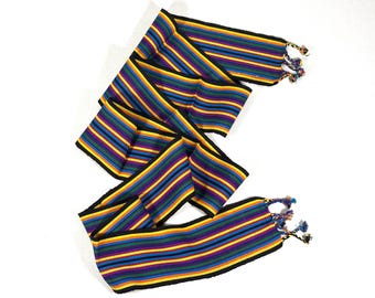 Guatemalan Mayan Handwoven Cotton Sash with Tassels. Black Yellow Rainbow. 3 inch x 80 inch.