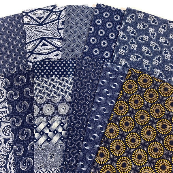 11 Piece Fat Quarter Bundle of South African Shweshwe Fabric.  Indigo in Assorted Patterns. Cotton Fabric for Quilting, Apparel, Home Decor.