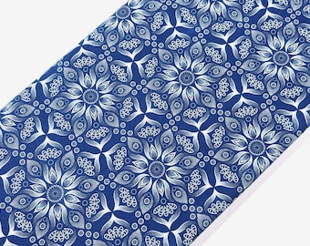 South African Shweshwe Fabric by the YARD. DaGama Indigo White Giant Flowers. 100% Quilting Cotton.