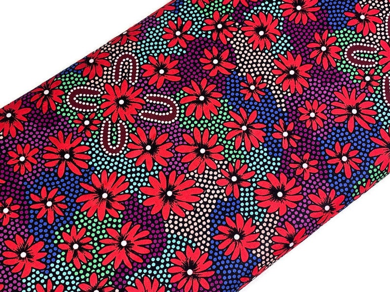 Australian Aboriginal Cotton Quilting Fabric by the YARD. M&S Textiles Lemon Grass Red by Sharon Pettharr Briscoe. Original Art Designs. image 1