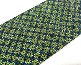 South African Shweshwe Fabric by the YARD. DaGama 3 Cats Green & Royal Blue Circled Snowflakes. 100% Cotton for Quilting, Apparel, Home.