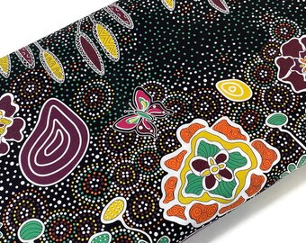 Australian Aboriginal Cotton Quilting Fabric by the YARD. M&S Textiles Summertime Rainforest Black. Fabric for sewing, apparel, home décor.