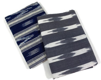Guatemalan Handwoven Fabric Bundle, Remnants. Half Yard Bundle. 2 Piece--1/2 Yard Each Blue & Gray Striped Ikat. Medium Weight, 1 YARD Total
