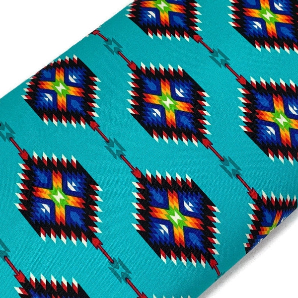 CANVAS Southwest Style Ikat Print Fabric by the Yard. 100% Canvas Weight Cotton in Turquoise, Red & Yellow. For Apparel, Home Décor, Crafts.