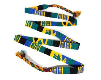 Guatemalan Handwoven Belt, Green/Blue/Gold with Braided Tassel Ends. 3/4 inch x 48 inch Cotton Mayan Toto Sash.