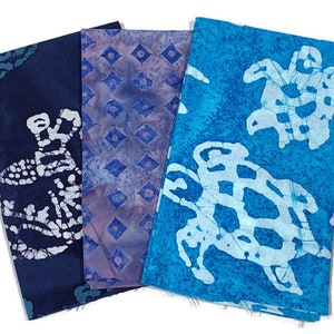Hand Dyed Indonesian Batik Print Fabric3 Piece FAT QUARTER BUNDLE-Assorted Blue Prints, Sea Turtle, Elephant-100% Cotton for Quilts, Décor image 1
