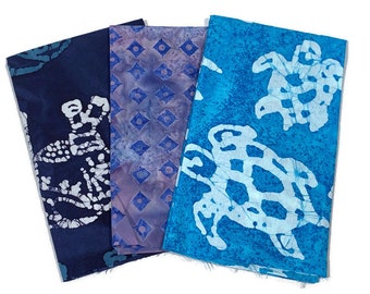 Hand Dyed Indonesian Batik Print Fabric--3 Piece FAT QUARTER BUNDLE-Assorted Blue Prints, Sea Turtle, Elephant-100% Cotton for Quilts, Décor