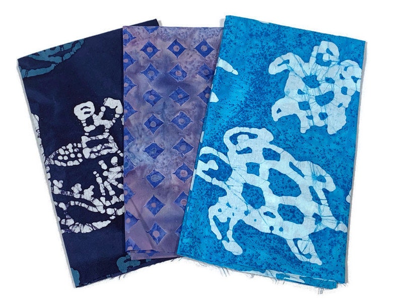 Hand Dyed Indonesian Batik Print Fabric3 Piece FAT QUARTER BUNDLE-Assorted Blue Prints, Sea Turtle, Elephant-100% Cotton for Quilts, Décor image 1