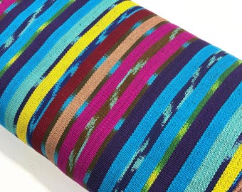 Turquoise & Grape Ikat Striped Guatemalan Fabric by Yard, Handwoven Cotton Mayan Textile, 36" Wide.