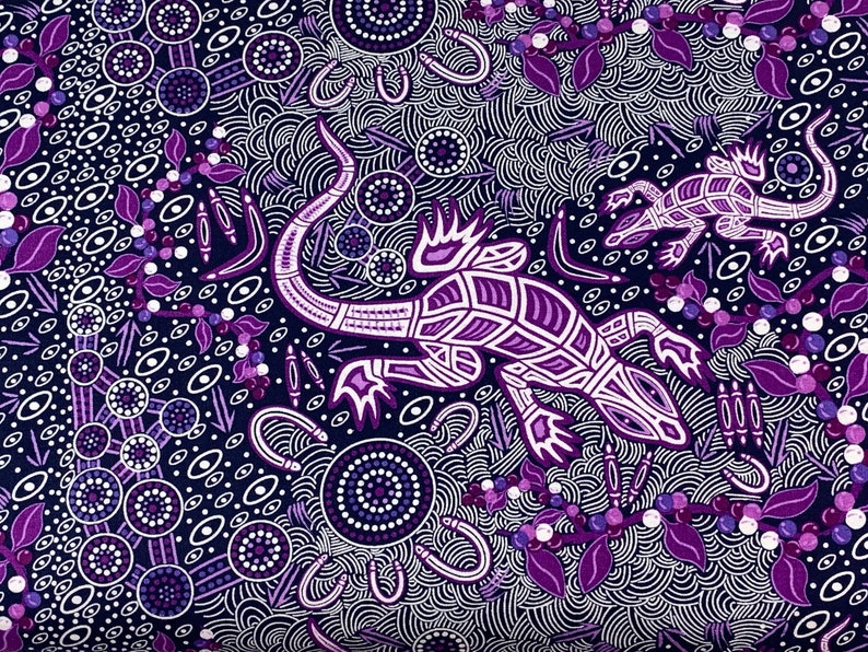 Australian Aboriginal Cotton Quilting Fabric by the YARD. M&S Textiles Man and Goanna Violet. For sewing, quilting, apparel, home decor. image 4