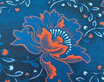 South African Shweshwe Fabric by the YARD. Da Gama Three Cats Turquoise & Orange Hibiscus. 100% Cotton Print for Quilts, Apparel, Décor.