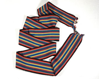 Guatemalan Mayan Handwoven Cotton Sash with Tassels. Black Red Rainbow. 3 inch x 84 inch.