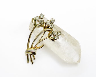 Broche vintage en laiton doré et strass, rétro, bouquet, fleurs, botanique, gatsby, années 60