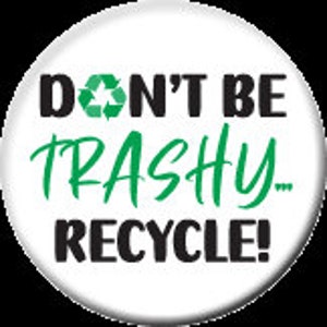 May include: A white button with black text that reads "DON'T BE TRASHY... RECYCLE!" with a green recycling symbol above the word "BE".