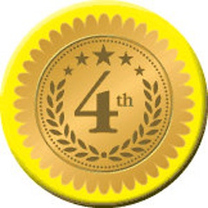 May include: A gold-colored 4th place award with a laurel wreath and three stars. The award is on a yellow background.