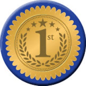 May include: Gold-colored first place award with a blue border and three stars. The award says "1st" in large, bold letters.