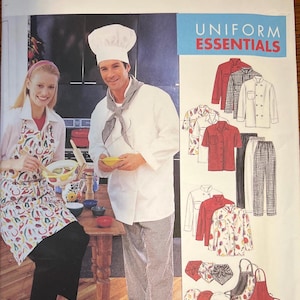May include: McCall's pattern for Uniform Essentials. The image shows a chef and a woman in a kitchen setting. The pattern includes various chef coats, shirts, trousers, aprons, and hats. The aprons have a red and white pepper design.