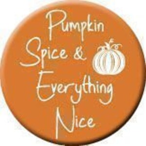 May include: Orange circle with the text "Pumpkin Spice & Everything Nice" in white cursive font. A white pumpkin silhouette is to the right of the text.