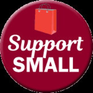 May include: A red button with a white shopping bag icon and the text "Support SMALL" in white.