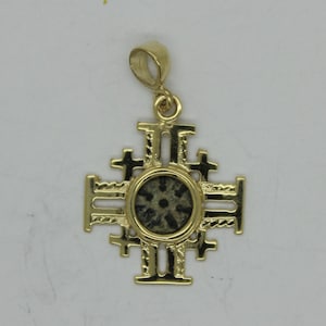 Coin Pendant,Jerusalem cross with Antique Authentic Bronze Widow&#39;s Mite Coin, 14k Yellow Gold Pendant, Ancient Coin Jewelry