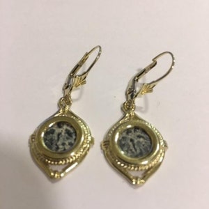 Antique Authentic Rare Coin Earrings, 14K Yellow Gold Earrings, Bronze Widow&#39;s Mite Coin