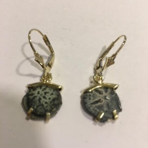 Antique Authentic Rare Coin Earrings, 14K Yellow Gold Earrings, Bronze Widow&#39;s Mite Coin