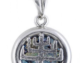 Unusual 925 Sterling Silver Pendant, Ancient Roman Glass Pendant, Menorah, Judaica, Unique Jewelry