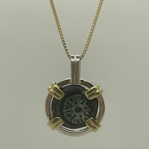 Authentic Rare Widow&#39;s Mite Coin Pendant, 14K Yellow Gold Pendant, with sterling silver Unique Jewelry, Original Gift