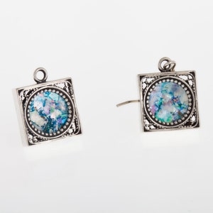 Square Dangle 925 Sterling Silver Ancient Roman Glass Earrings Unique Design