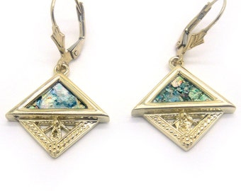 14K Yellow Gold Earrings, Ancient Roman Glass Earrings, Woman Dangle Rhombus Earrings, Unique Jewelry