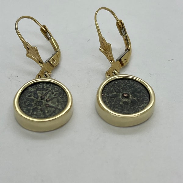 Antique Authentic Rare Coin Earrings, 14K Yellow Gold Earrings, Bronze Widow's Mite Coin