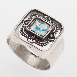 Beautiful 925 Sterling Silver Ancient Roman Glass Ring, Square size 9.5