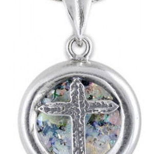 Special Round 925 Sterling Silver Pendant, Ancient Roman Glass Pendant, Cross Pendant, OOAK, Roman Glass Jewelry